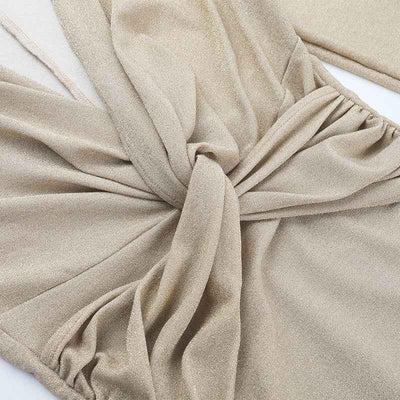 Gold Bodycon Dress - Twisted V-Neck Long Sleeve Wrap