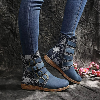 Embroidered Boots - Round Toe Flats - Fashions Envy