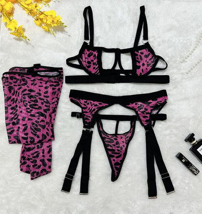 Wild Leopard Print Mesh Hollow-out Sexy Lingerie Four-piece Set with Thigh-high Socks - Fashions Envy