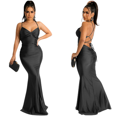 Spaghetti Strap Backless Maxi Dress - Tie Up Bodycon Satin