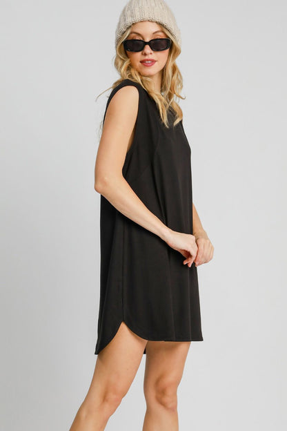 Black Round Neck Sleeveless High-Low Curved Hemline Mini Dress