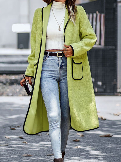 Full Size Contrast Trim Long Sleeve Coat with Pockets - Fashions Envy