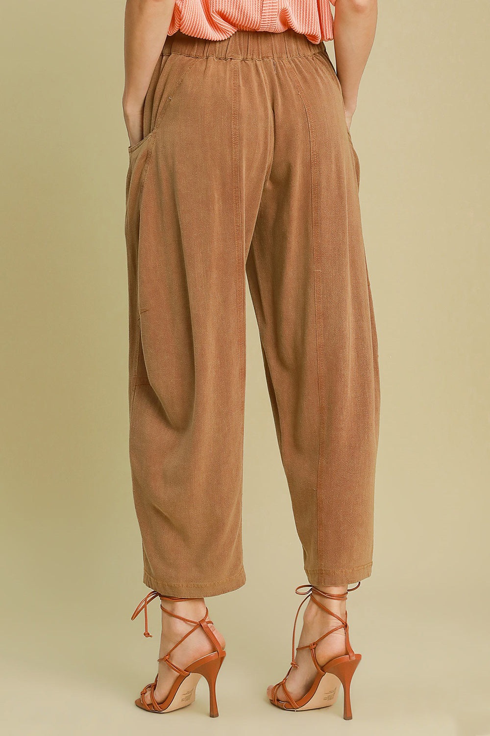 Caramel Elastic Waist Baggy Fit Pants with Pockets