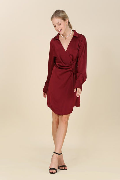 Satin Collared Long Sleeve Wrap Mini Dress