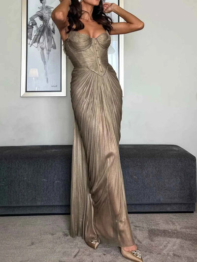 Pleated Corset Maxi Dress - Gold Metallic Gown