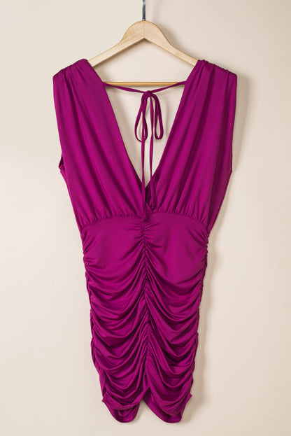 Ruched Surplice Sleeveless Wrap Dress - Fashions Envy