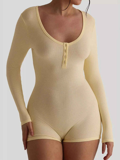 Ribbed Knit Romper - Long Sleeve Fitted One-Piece - Fashions Envy