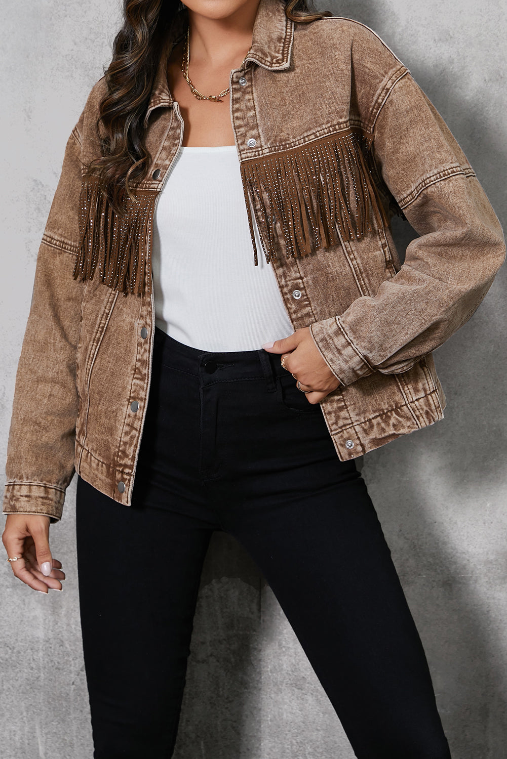 Fringe Trim Snap Down Denim Jacket - Fashions Envy