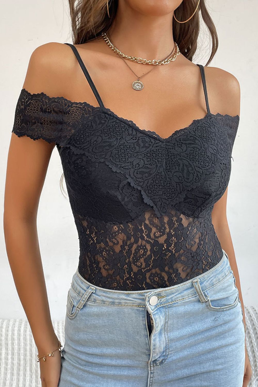 Perfee Lace Cold-Shoulder Bodysuit