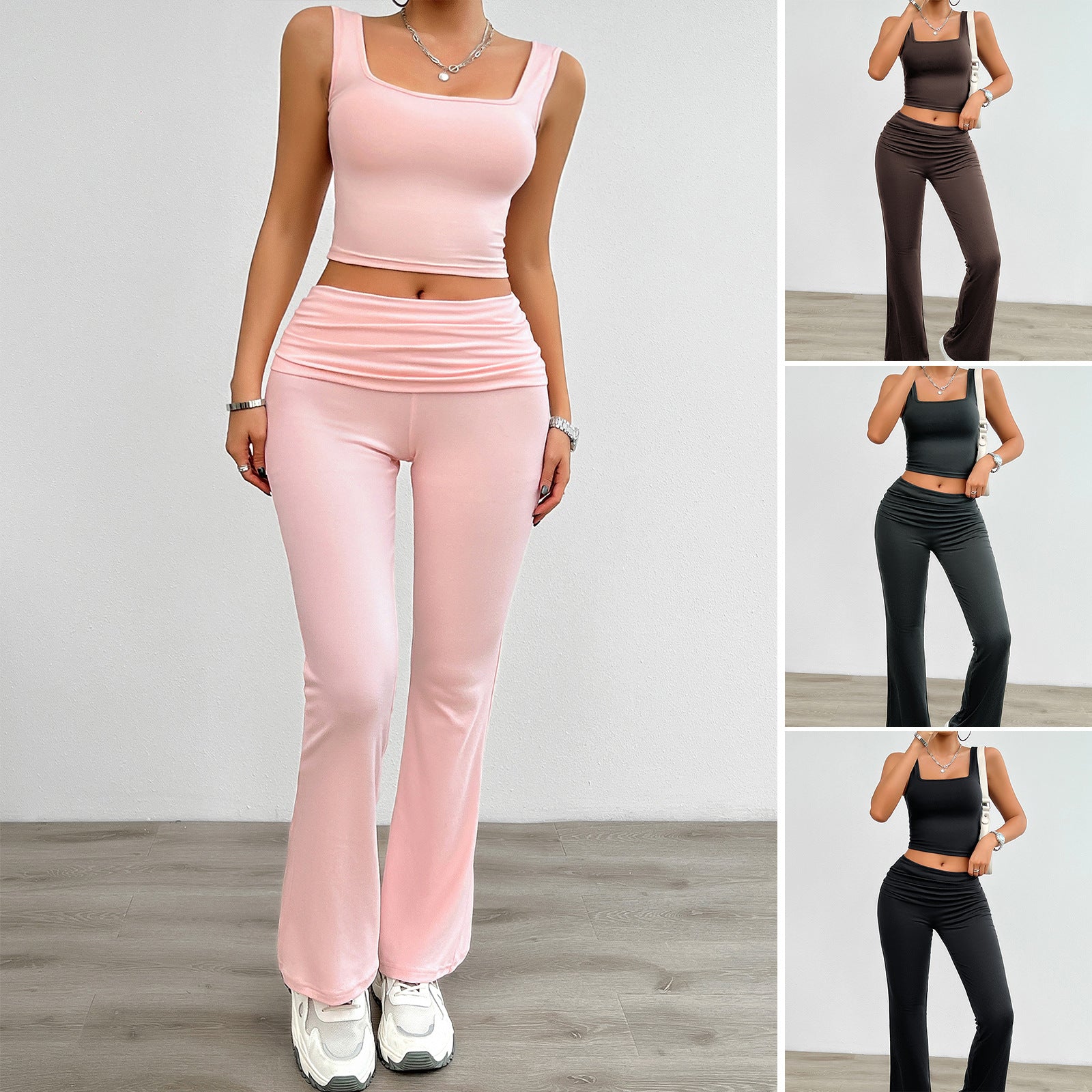 Casual Solid Color Crop Halter Top & Body-hugging Pants Outfit Set