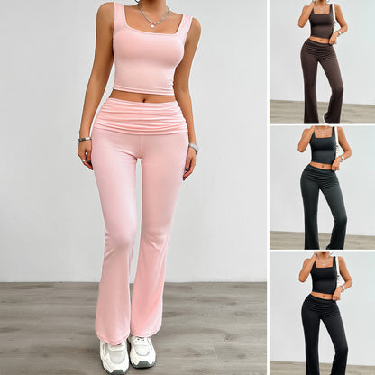 Casual Solid Color Crop Halter Top & Body-hugging Pants Outfit Set