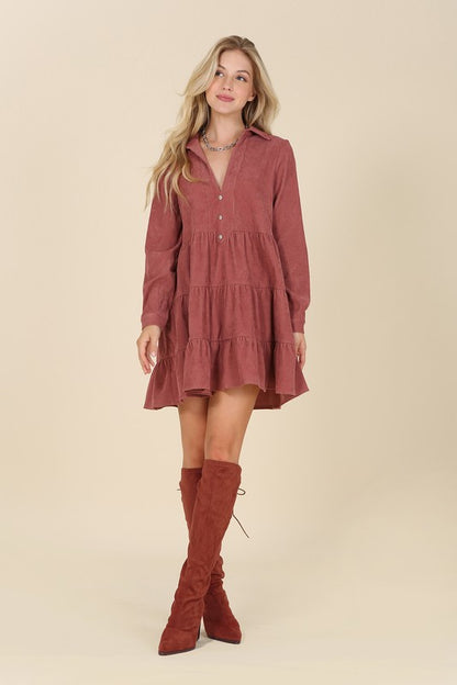 Corduroy Tiered Long Sleeve Mini Dress