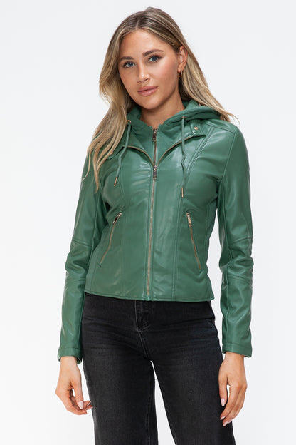 Sage Faux Leather Zip Up Drawstring Hooded Jacket