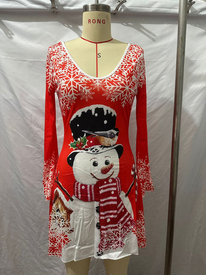 V-neck Stretch Sunken Stripe Christmas Printed Flared Sleeve Dress