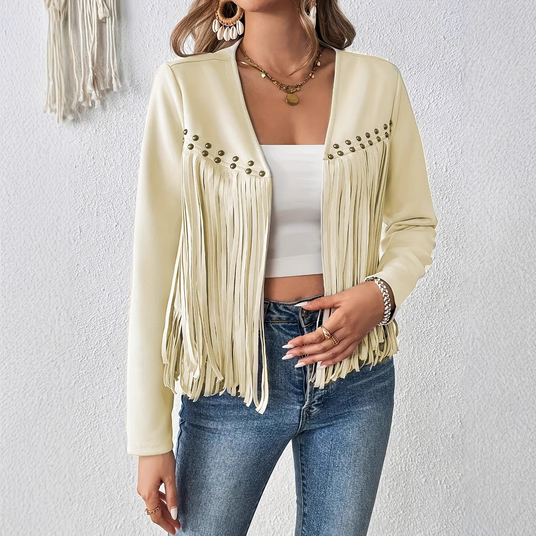 Elegant Solid Color Tassel Trimmed Front Open Jacket