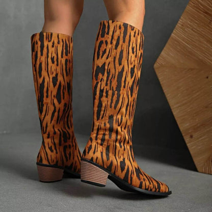 Animal Print Point Toe Low Block Heel Boots - Fashions Envy