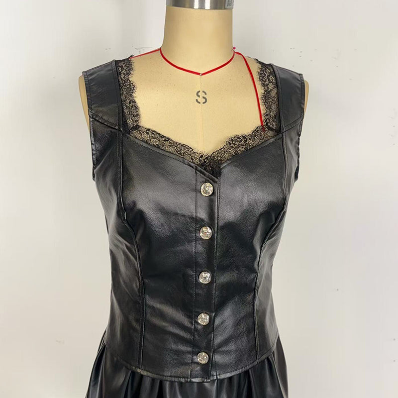 Faux Leather Vest - Lace Trim V-Neck Club Party Top