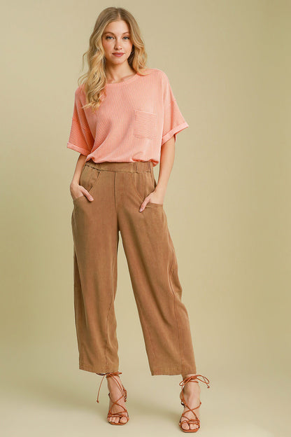 Caramel Elastic Waist Baggy Fit Pants with Pockets