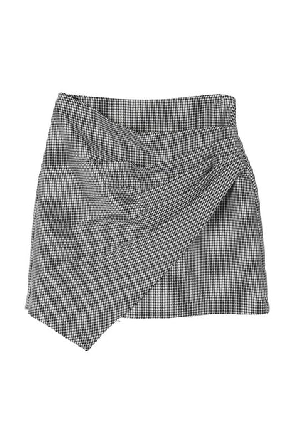 Hound Tooth Shirred Wrap Mini Skirt