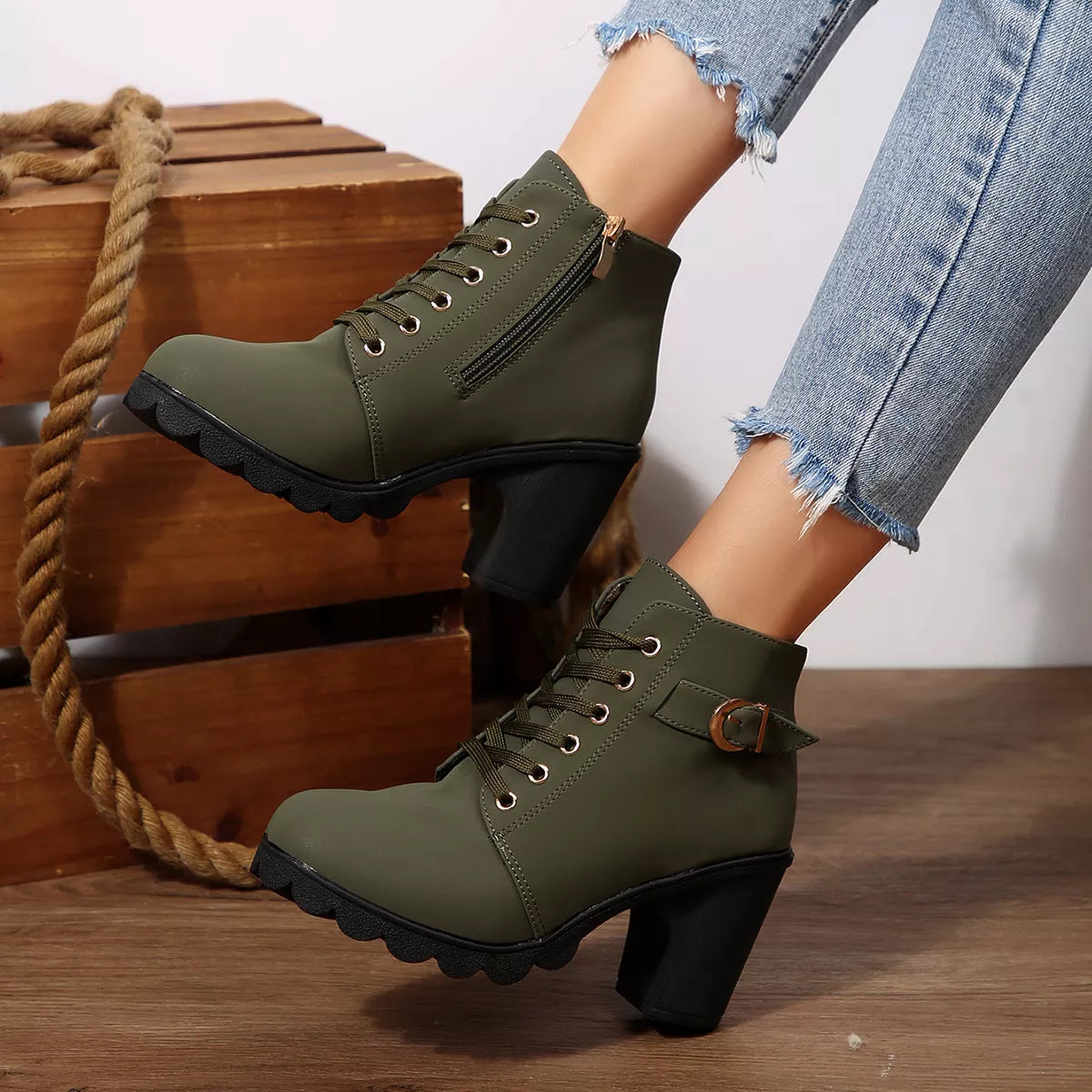 Lace Up Boots - Block High Heels - Fashions Envy