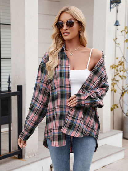 Mandy Pocketed Plaid Collared Neck Long Sleeve Shirt - Fashions Envy