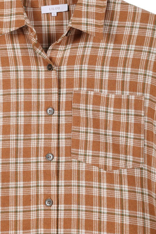 Autumn Beige Drop Shoulder Plaid Button Down Shirt