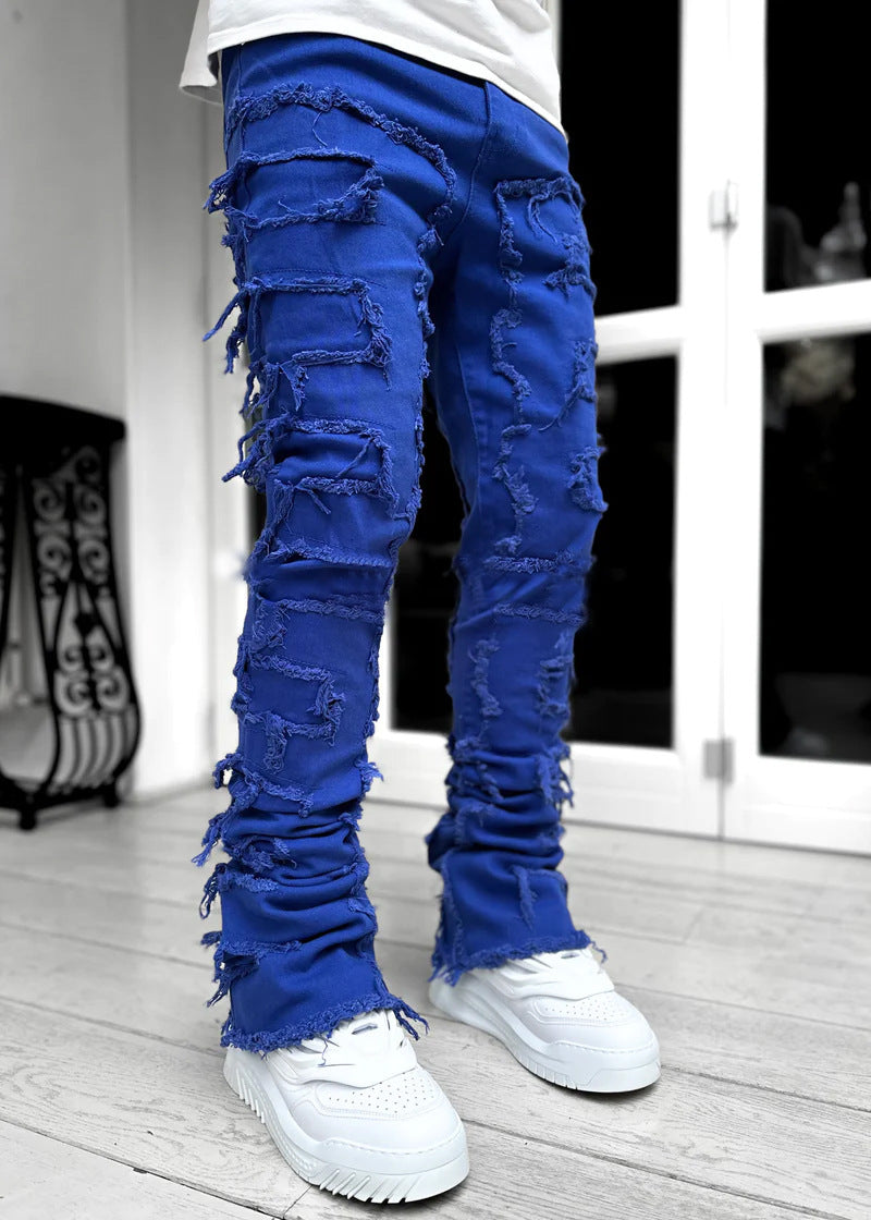 Men's Individual Patched Pants Long Tight Fit Stacked Jeans