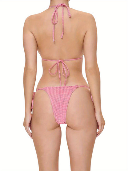 Mini Dot Print Lace Trim Halter Bra with Tie-Up Thong Bikini Swimsuit Set