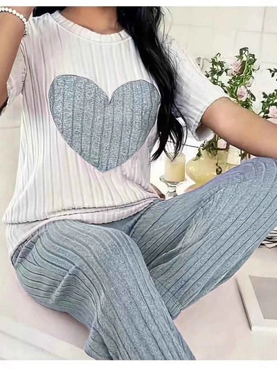 Heart Ribbed Knit Top and Pants Lounge Set