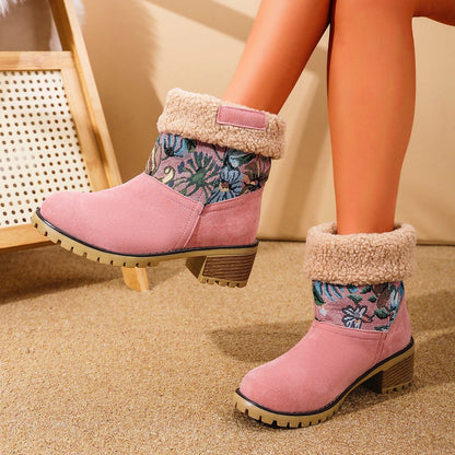 Embroidered Snow Boots - Ethnic Platform Square Heel