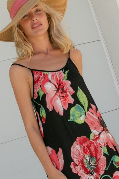 Floral Halter Round Neck Maxi Dress with Pockets