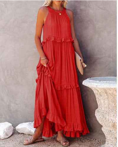 Smocked Tiered Ruffle Maxi Dress - Sleeveless with Pockets