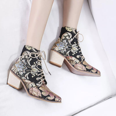 Embroidered Floral Lace-Up Ankle Boots - Fashions Envy