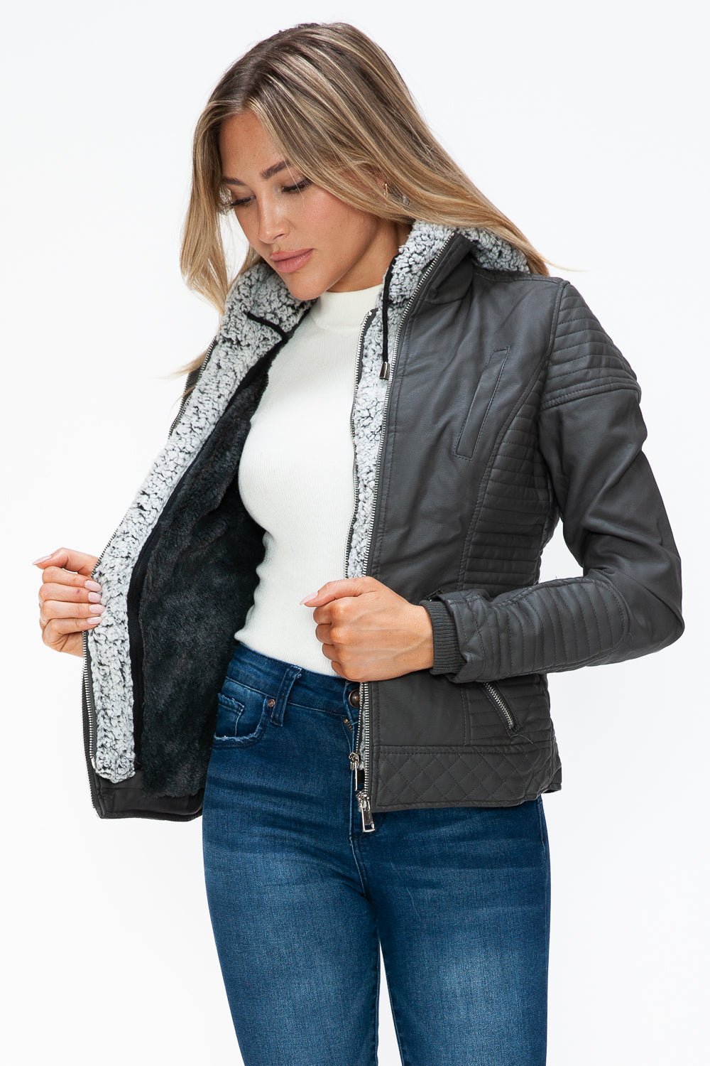 Charcoal Faux Layered Double-Zipper Jacket with Fuzzy Hood