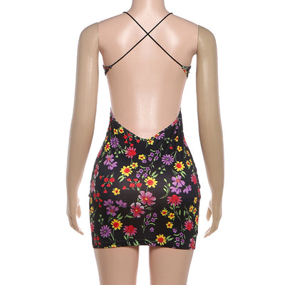 Halter Neck Backless Dress - Hollow Print Mini - Fashions Envy