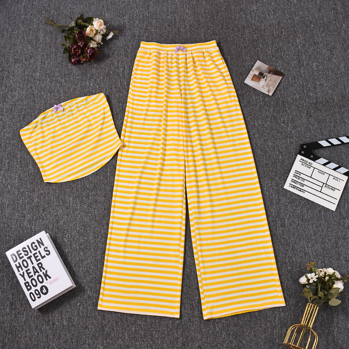 Striped Tube Top and Pants Set - Yellow Bow Detail Outfit
