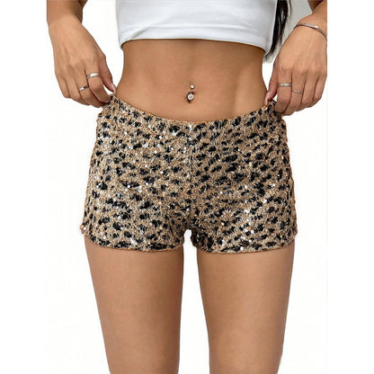 Leopard Print Sequin Shorts - Low Waist Party Style