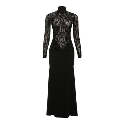High Neck Lace Maxi Dress - Long Sleeve Black - Fashions Envy