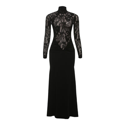 High Neck Lace Maxi Dress - Long Sleeve Black - Fashions Envy