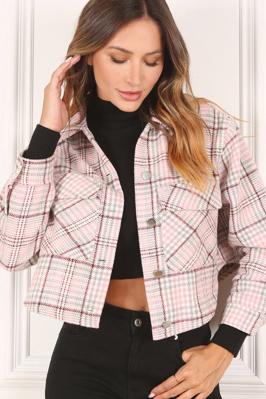 Pink Plaid Long Sleeve Cropped Jacket