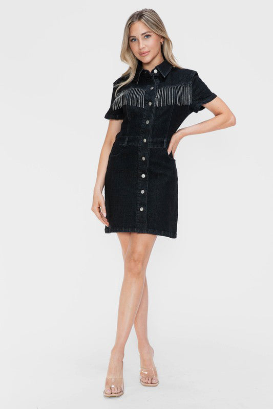 Black Full Size Embellished Button Down Short Sleeve Denim Dress