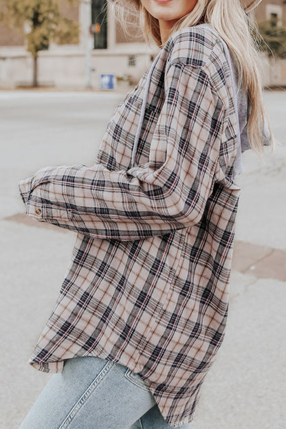 Drawstring Plaid Hooded Long Sleeve Shirt