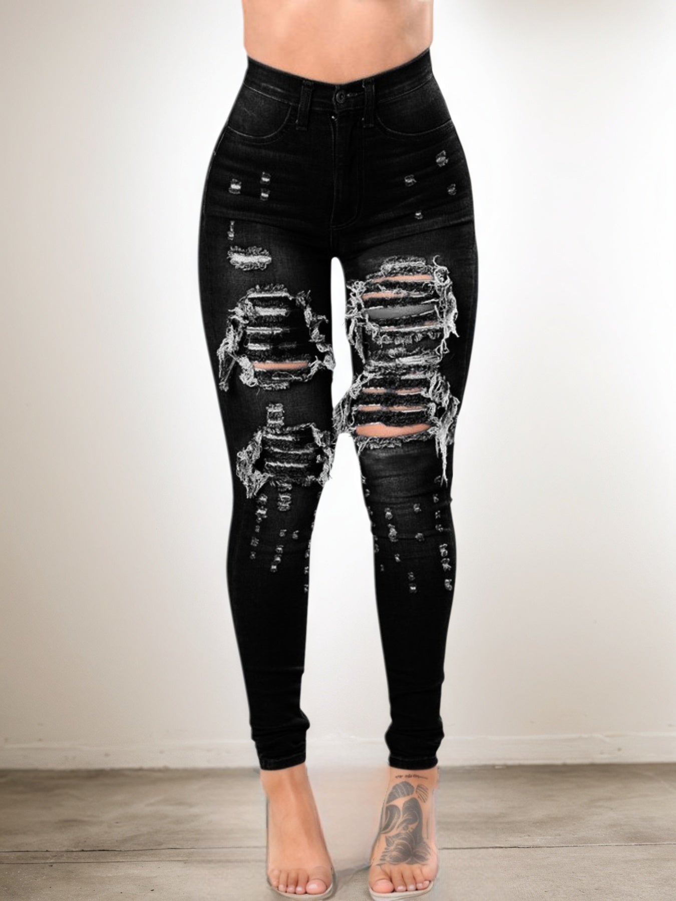 High Waisted Ripped Jeans - Elastic Street Style - Fashions Envy