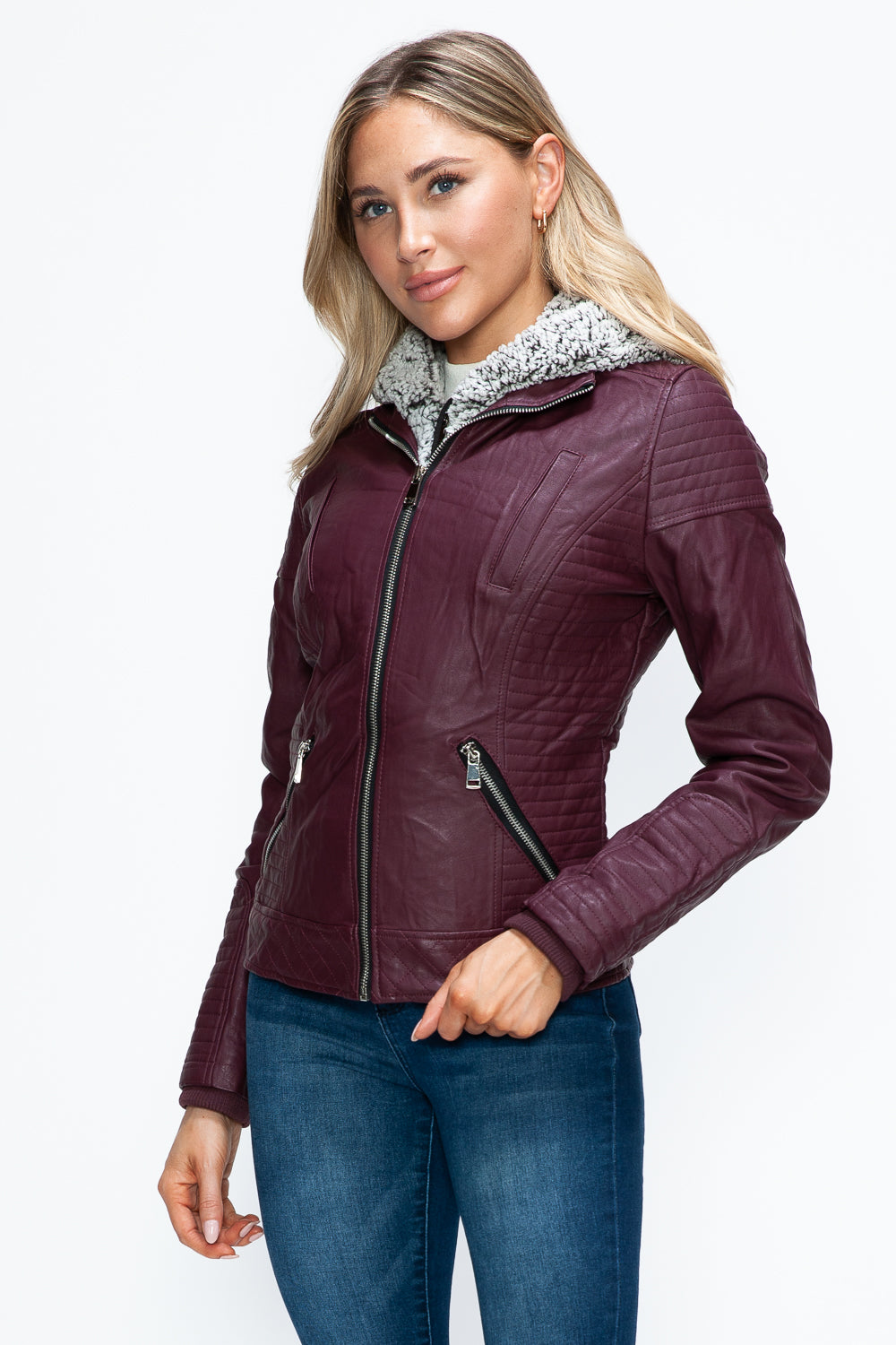 Wine Faux Layered Double-Zipper Jacket with Fuzzy Hood