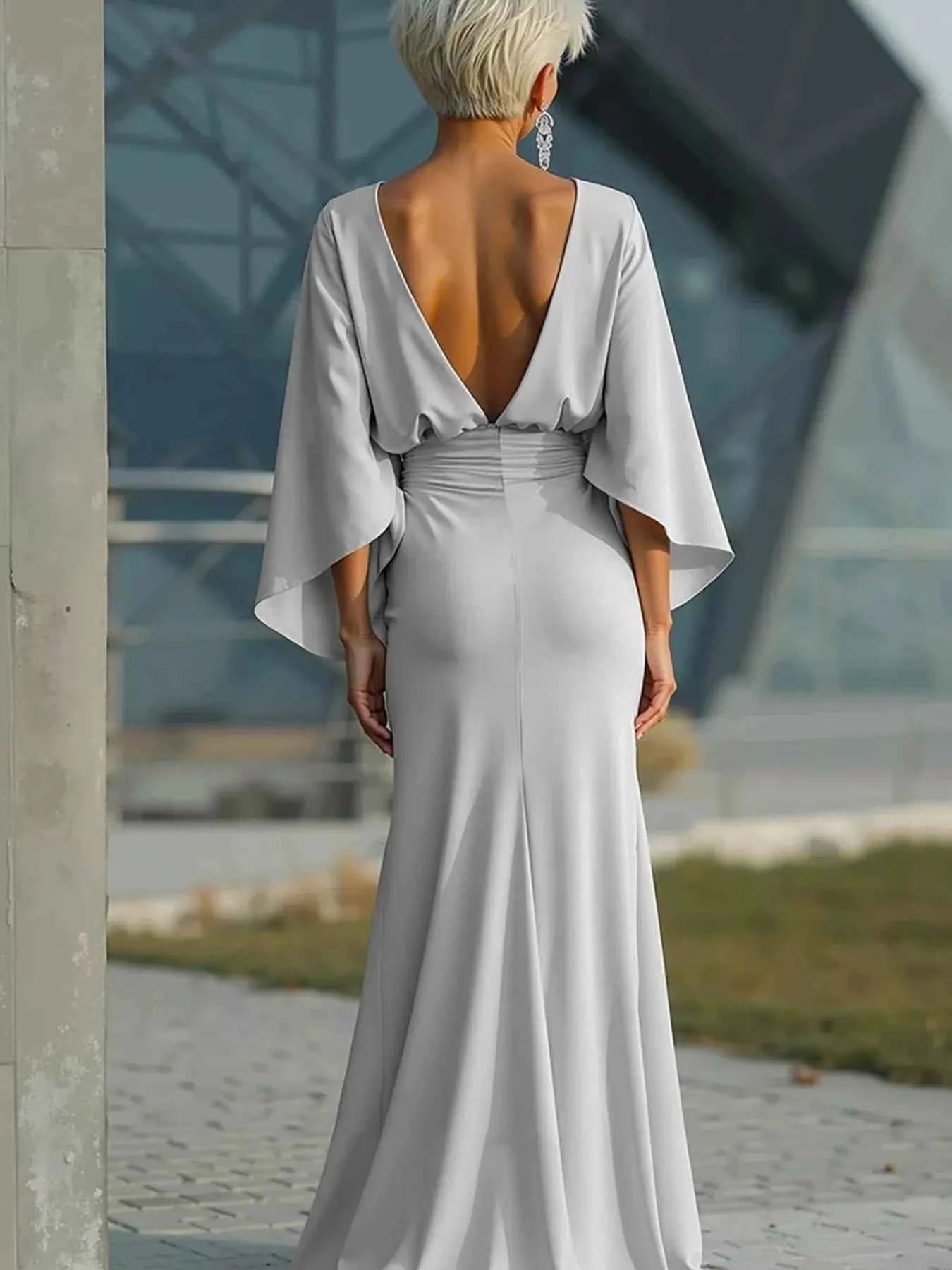 Batwing Sleeve Ruched Maxi Dress - Elegant Gown