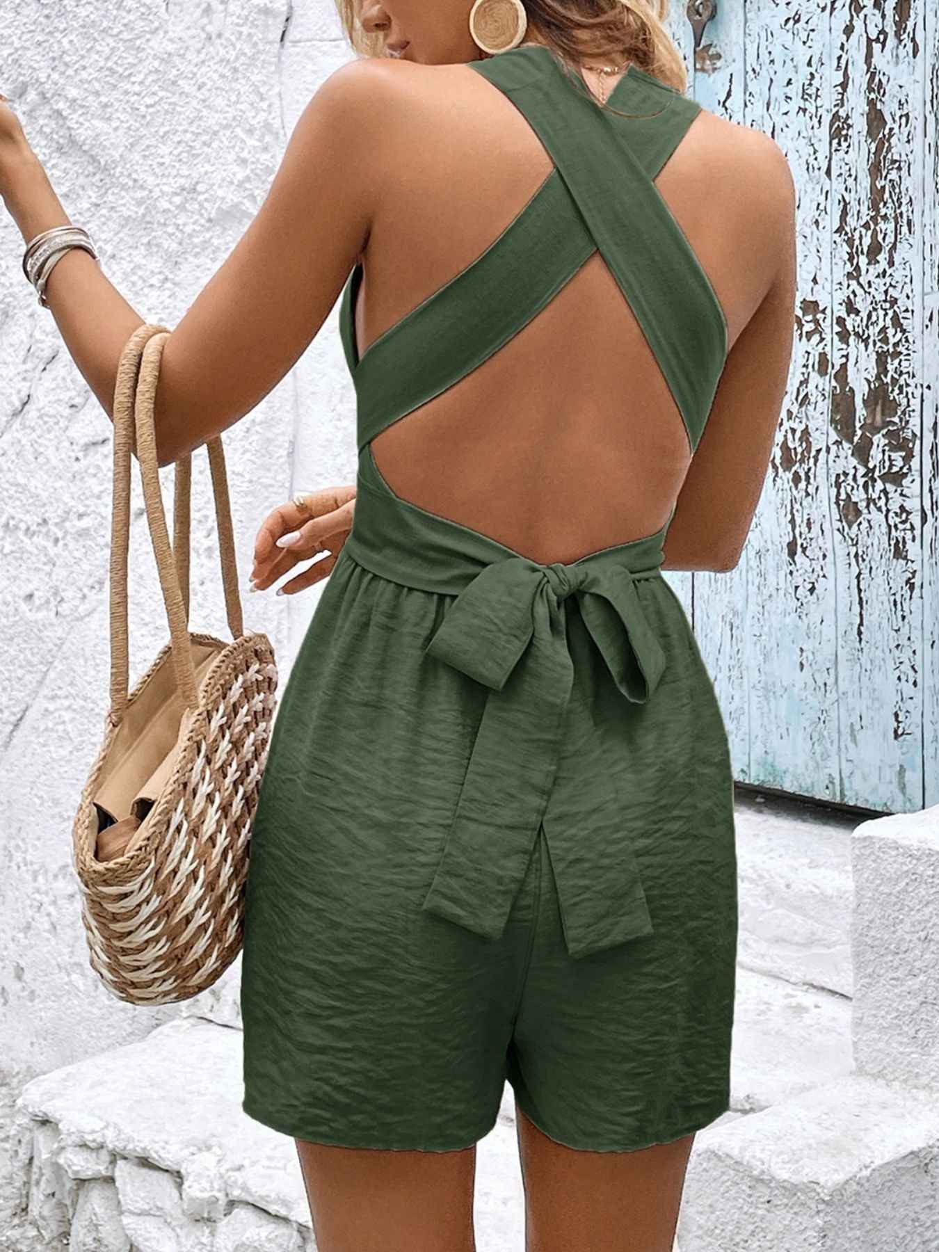 Flowy Open Back Romper - Sleeveless Crisscross Tie Detail