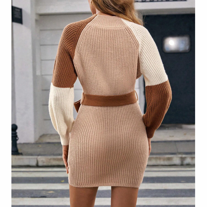 Color Block Sweater Dress - Midi Bodycon with Tie Waist