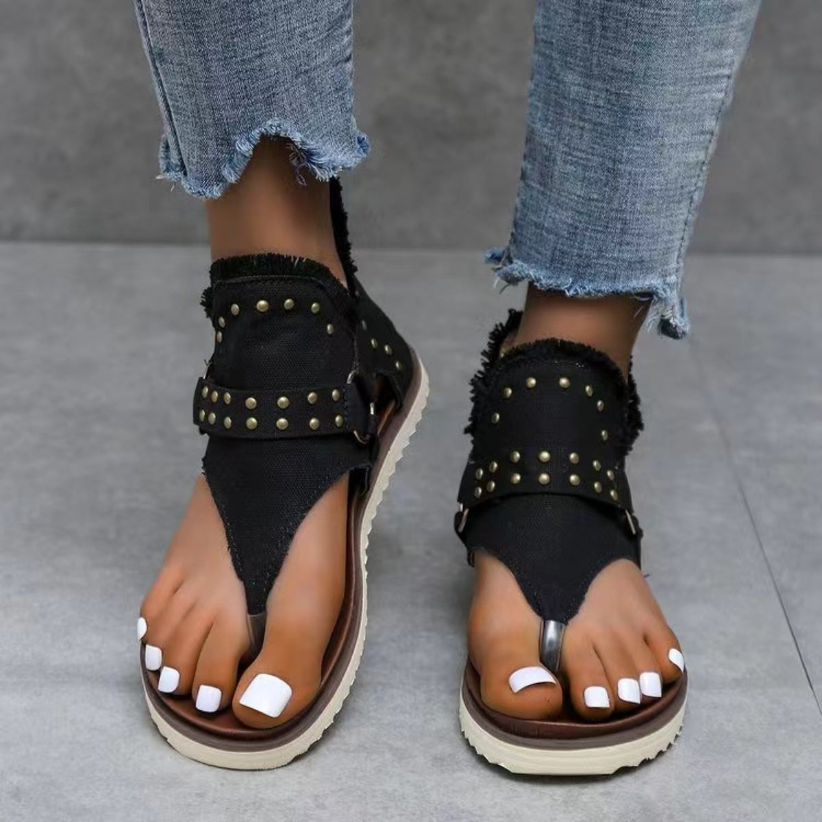 Studded Raw Hem Flat Sandals - Fashions Envy