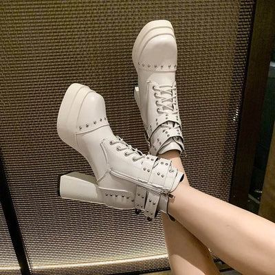 Round Toe Block Heels Boots - High Heel Ankle Boots - Fashions Envy