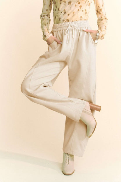 Cream Drawstring Wide Leg Sweatpants